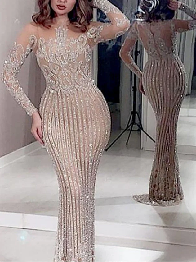 Mid-waisted, Elegant, Sequined, Gold-flecked, Fitted Long Dress For Commuting.