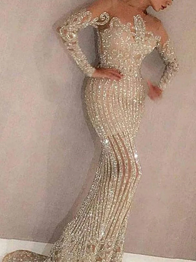Mid-waisted, Elegant, Sequined, Gold-flecked, Fitted Long Dress For Commuting. - Image 2