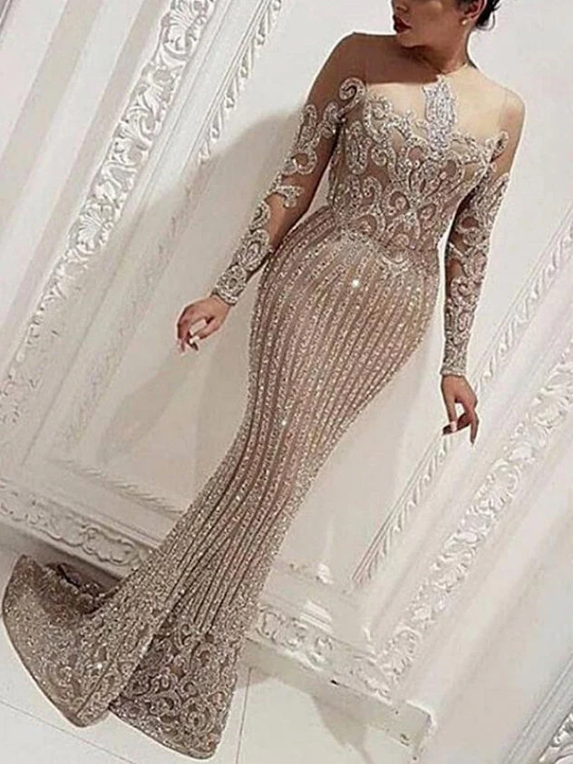Mid-waisted, Elegant, Sequined, Gold-flecked, Fitted Long Dress For Commuting. - Image 3
