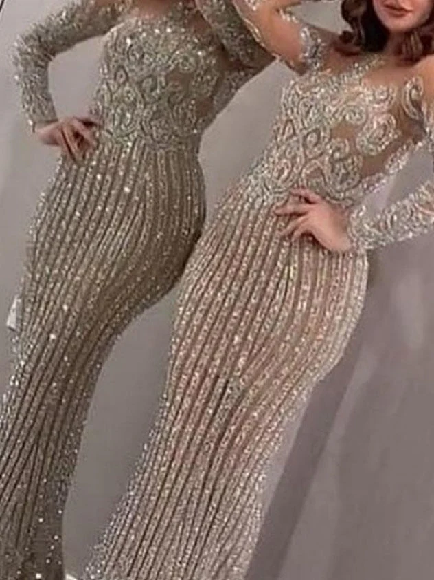 Mid-waisted, Elegant, Sequined, Gold-flecked, Fitted Long Dress For Commuting. - Image 4