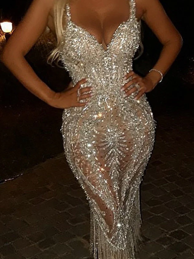 Deep V-neck Sleeveless Sequined Maxi Dress - Image 2