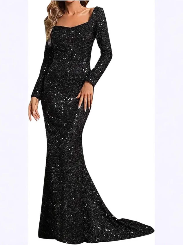 V-neck, Bodycon Sequined Mid-waist, Flared Sleeve Long Dress - Image 5