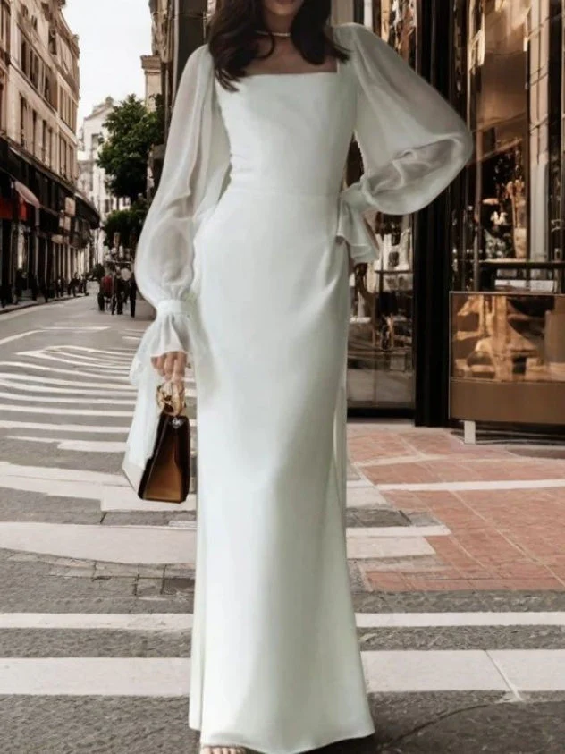 Square Neckline Fitted Long-sleeved Dress With Mesh Paneling
