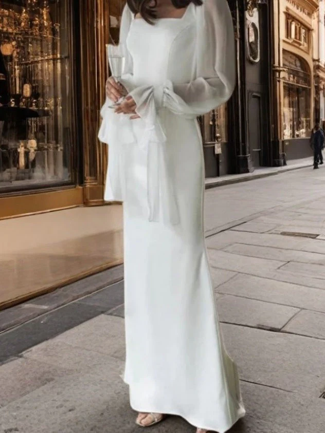 Square Neckline Fitted Long-sleeved Dress With Mesh Paneling - Image 2