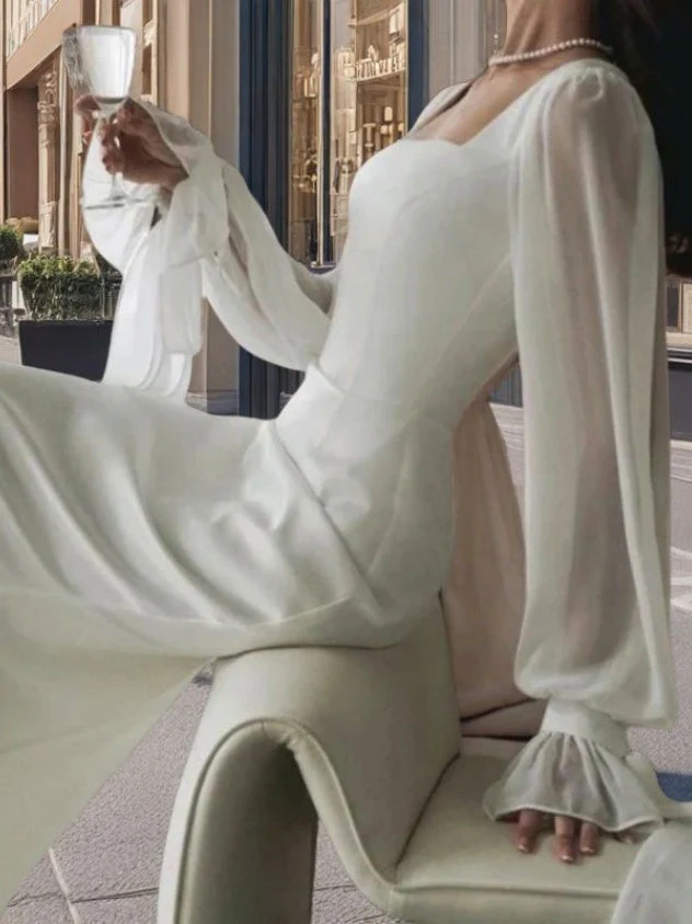 Square Neckline Fitted Long-sleeved Dress With Mesh Paneling - Image 3