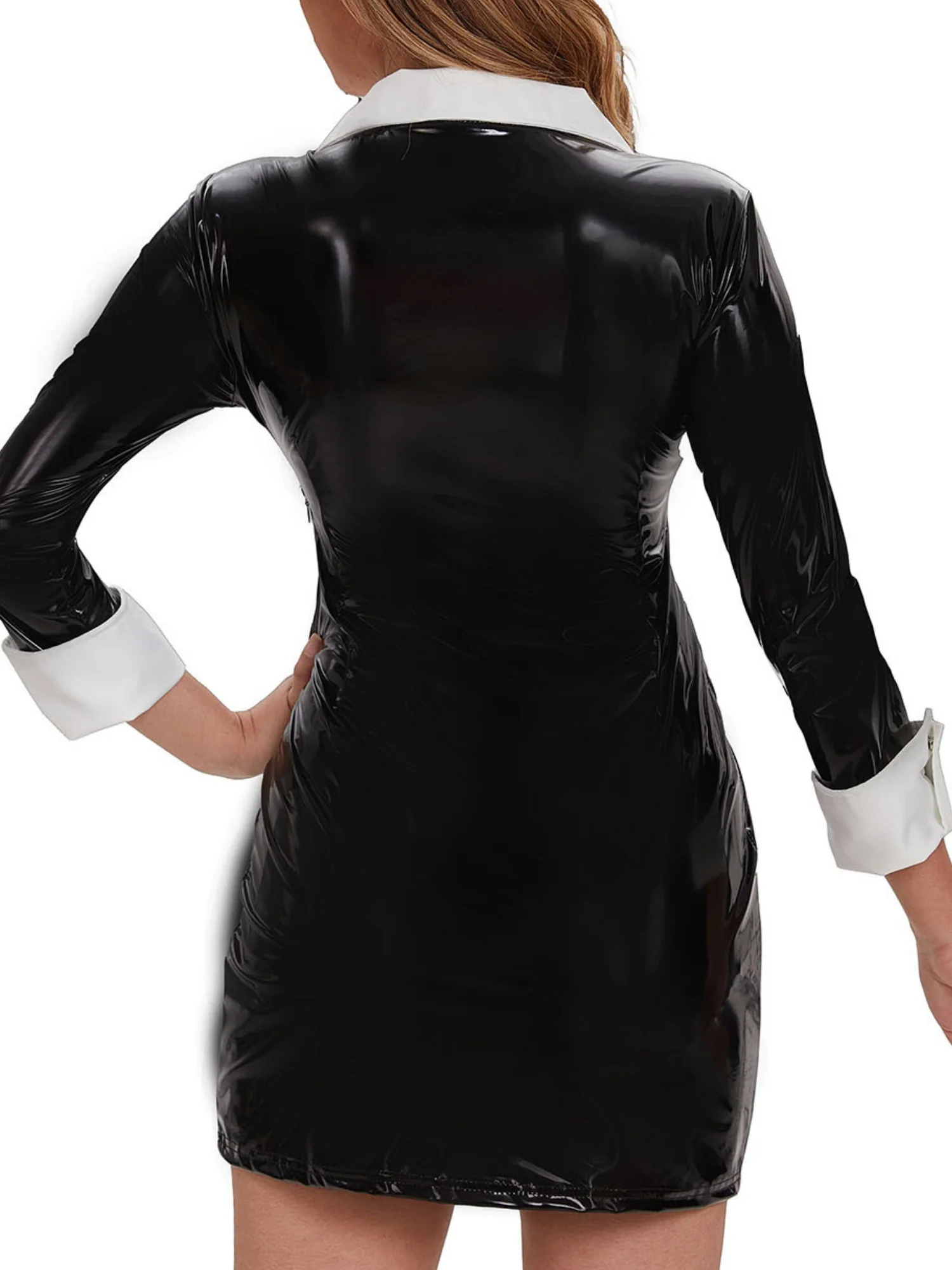PVC Glossy Leather Color-blocked POLO Collar Buttons Long Sleeves Mini&Short Dresses - Image 2