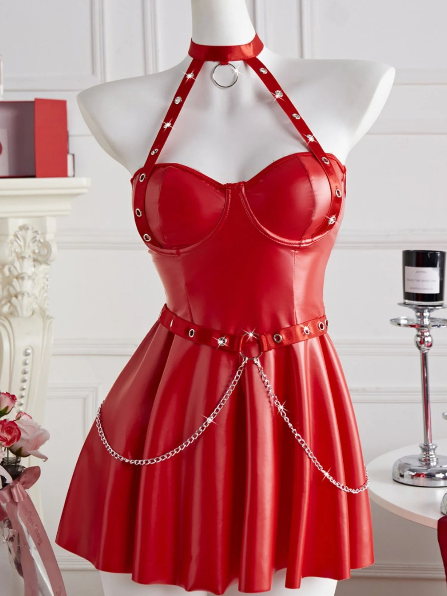 Patent Leather Hollowed-out Halter Neck Backless Chain Mini&Short Dresses - Image 4