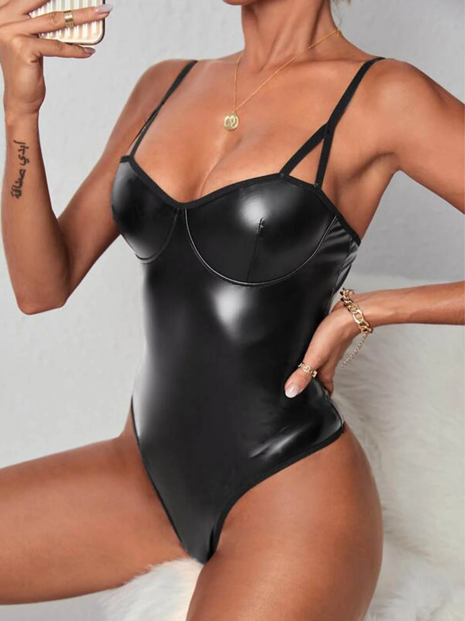 Patent Leather Spaghetti Strap Backless Sexy Jumpsuits&Bodysuits - Image 4