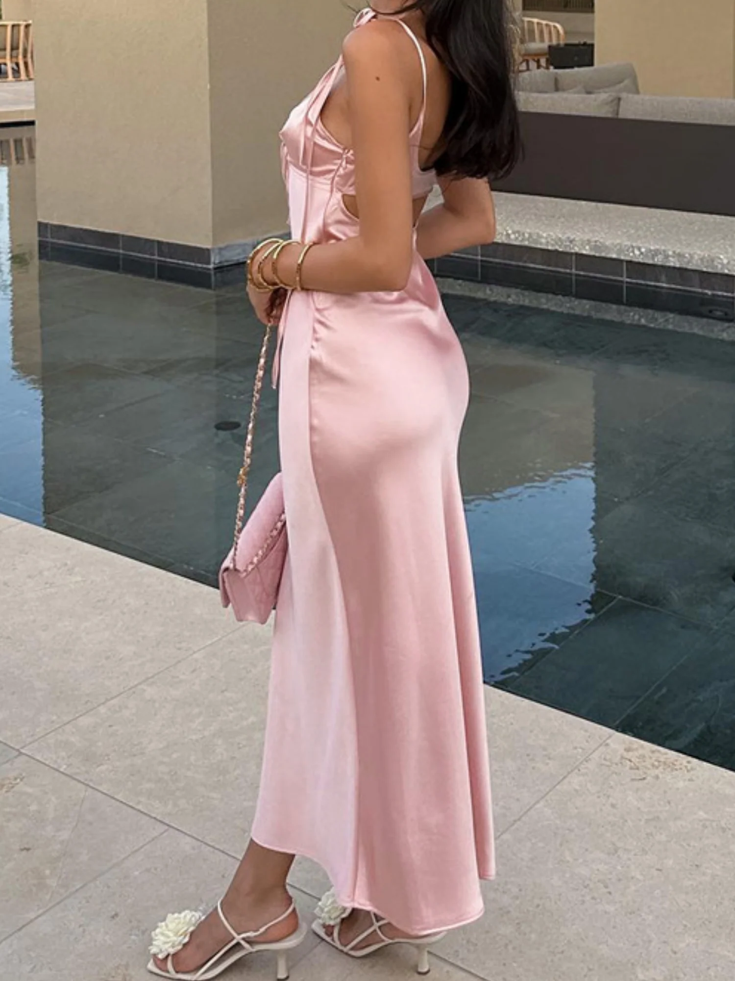Satin V-neck Tie Spaghetti Strap Long Dress - Image 2