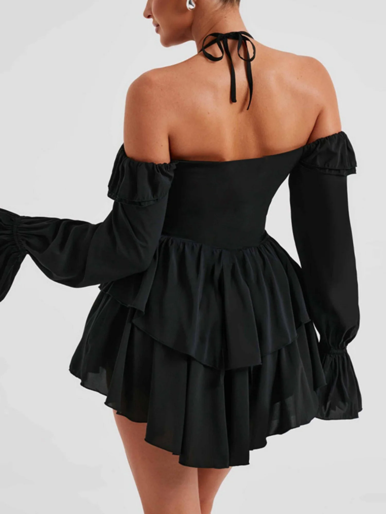 Ruffle Halter Neck Low-cut Flare Sleeve Sweet Mini&Short Dresses - Image 5
