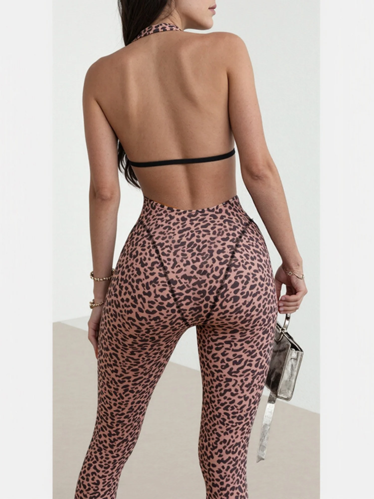 Leopard Print Halter Neck V-neck Backless Jumpsuits - Image 2