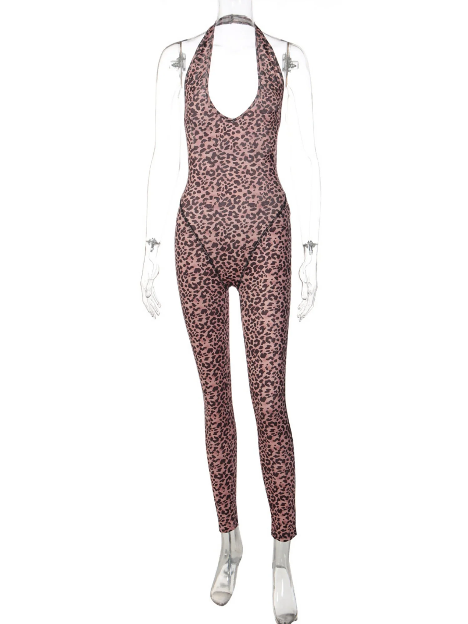 Leopard Print Halter Neck V-neck Backless Jumpsuits - Image 6