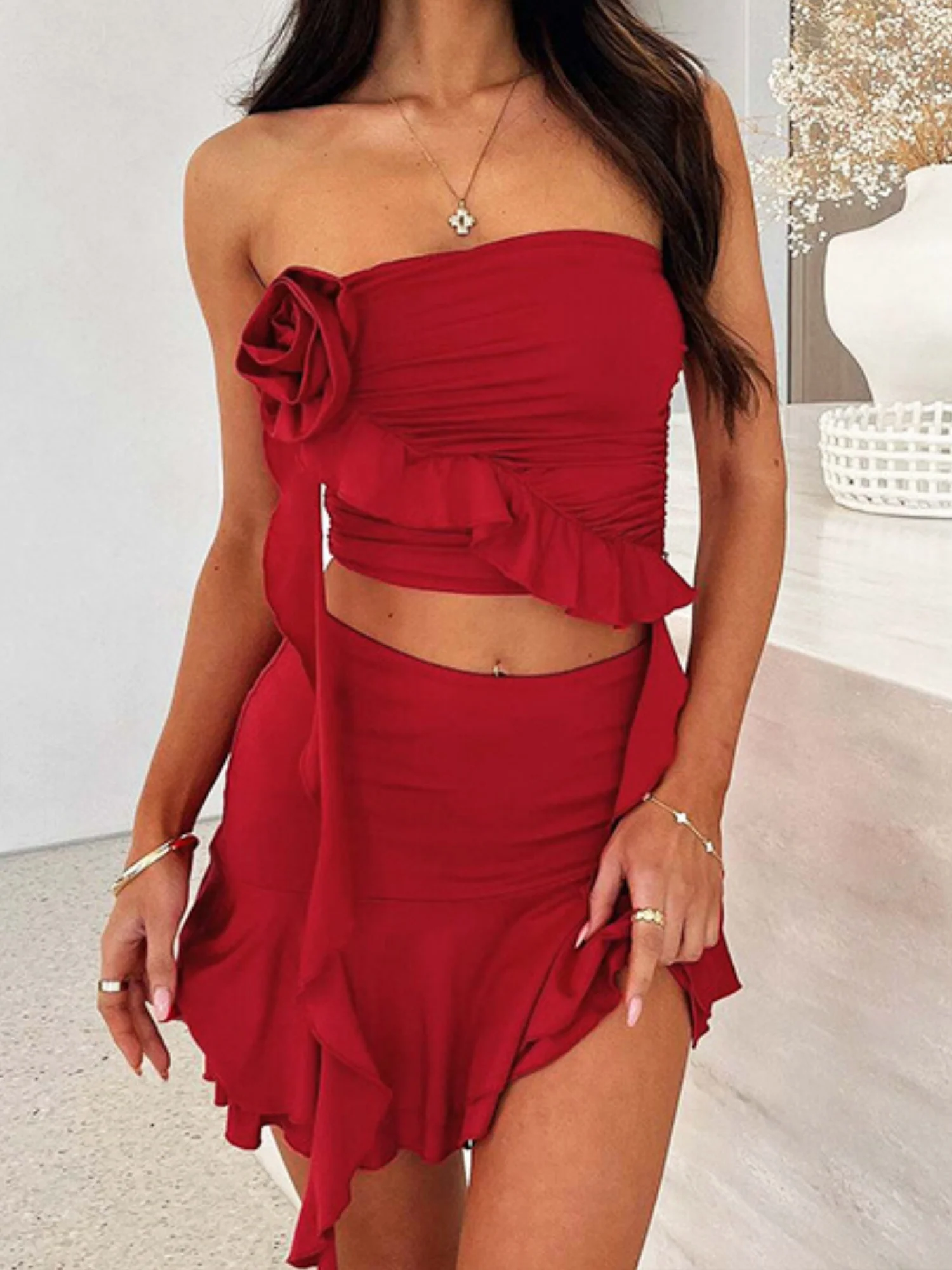 Ruffle Pleated Strapless Top And Bodycon Skirt 2-piece Sets
