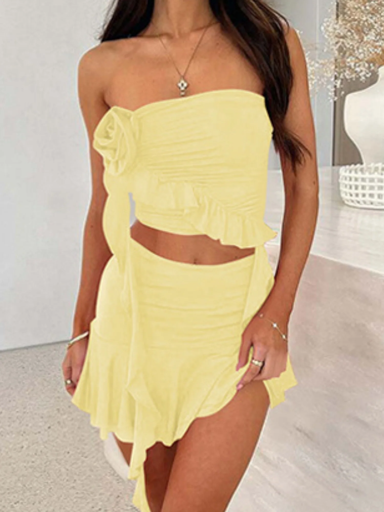 Ruffle Pleated Strapless Top And Bodycon Skirt 2-piece Sets - Image 7