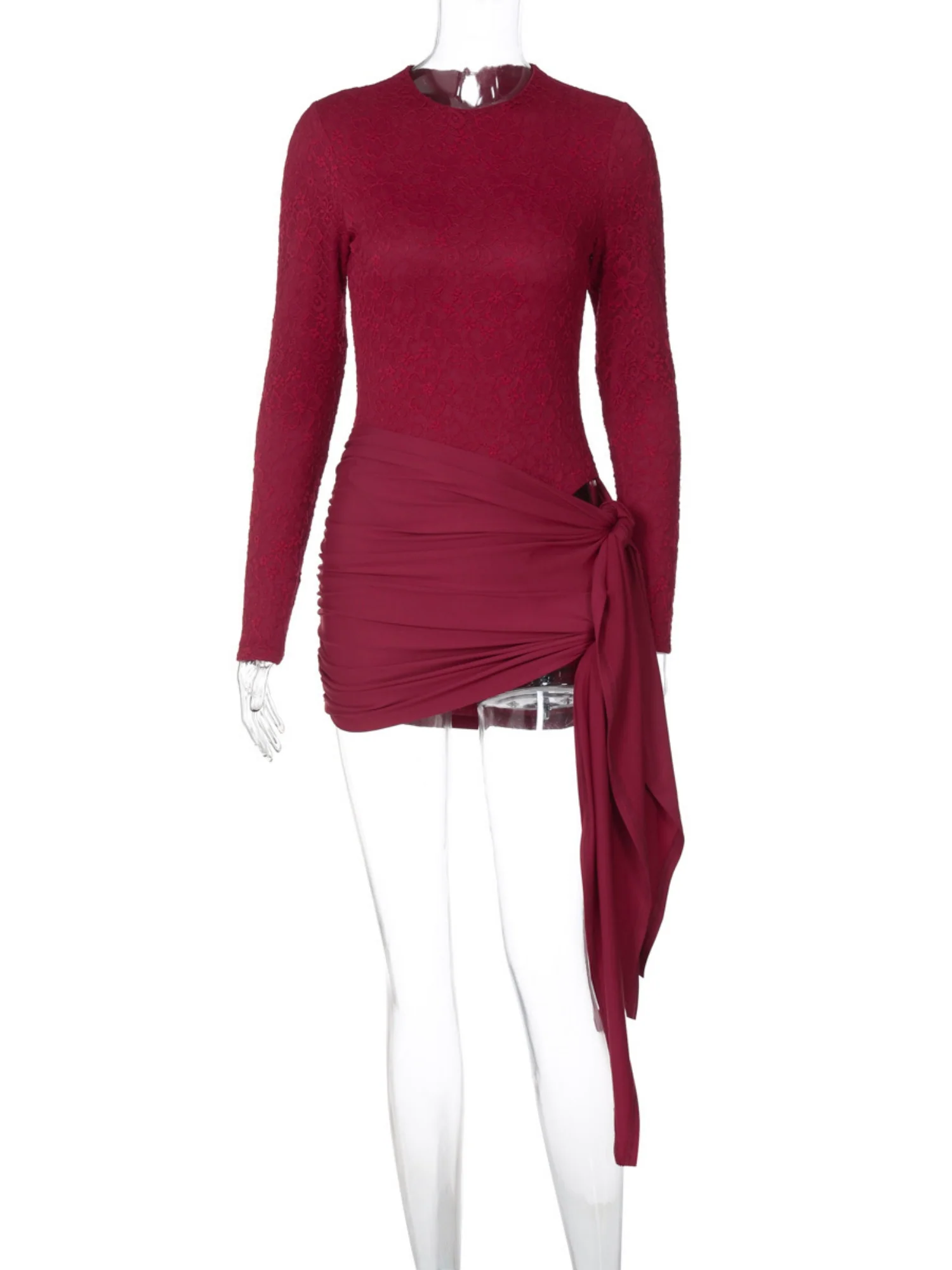 Lace Patchwork Round Neck Long Sleeve Bodysuit Strappy Mini Skirt 2-piece Sets - Image 3