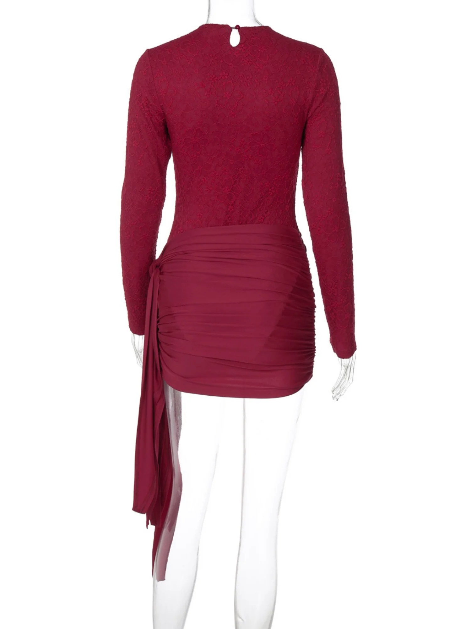 Lace Patchwork Round Neck Long Sleeve Bodysuit Strappy Mini Skirt 2-piece Sets - Image 4