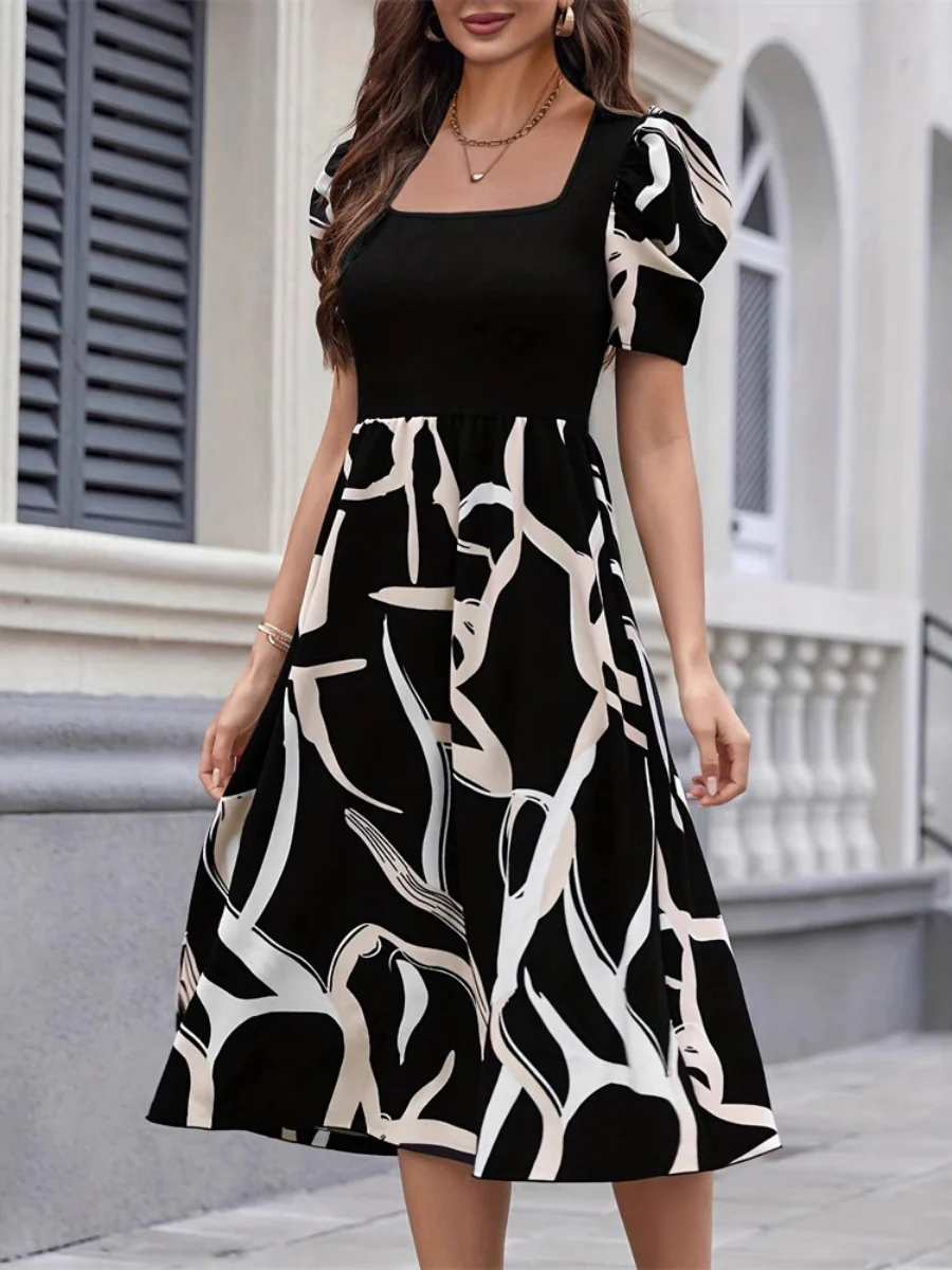 Commuting Knitting Printed Square Collar Puff Sleeve Midi Dresses