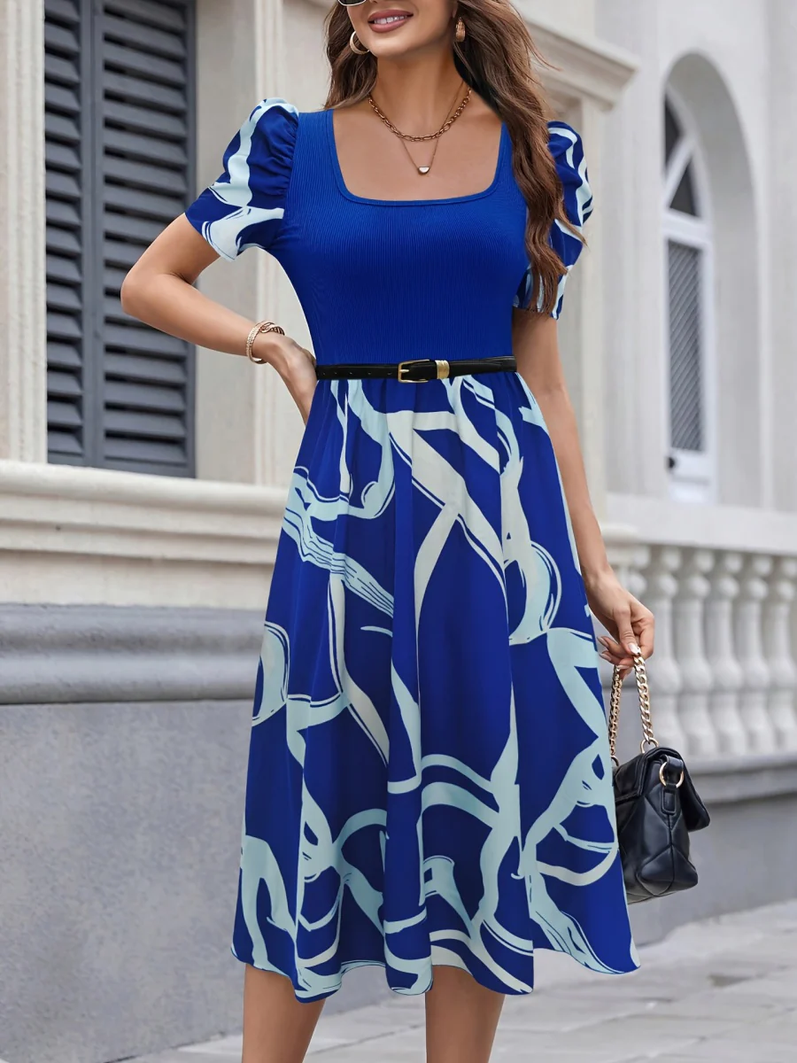 Commuting Knitting Printed Square Collar Puff Sleeve Midi Dresses - Image 12