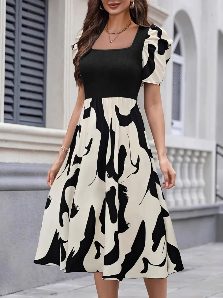 Commuting Knitting Printed Square Collar Puff Sleeve Midi Dresses - Image 3