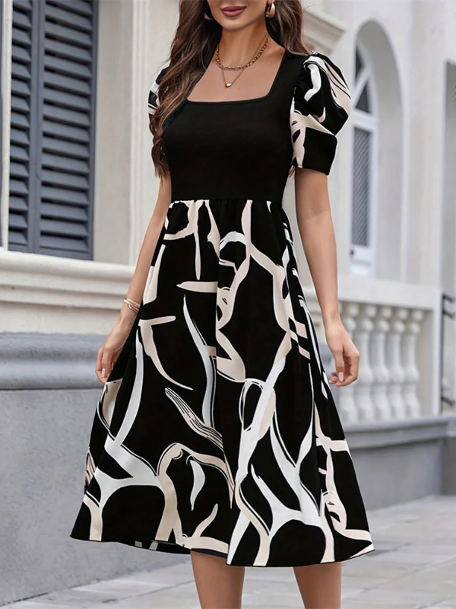 Commuting Knitting Printed Square Collar Puff Sleeve Midi Dresses - Image 5