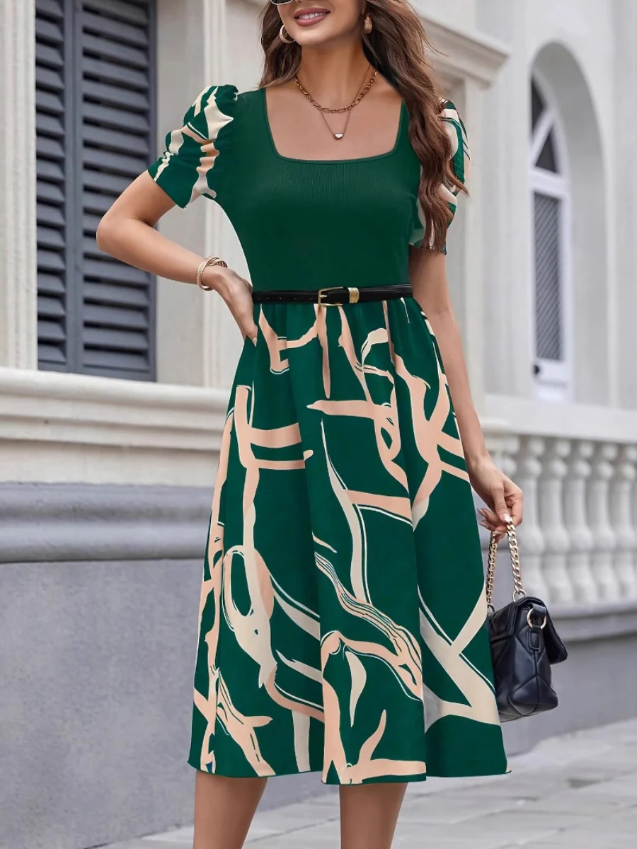 Commuting Knitting Printed Square Collar Puff Sleeve Midi Dresses - Image 6