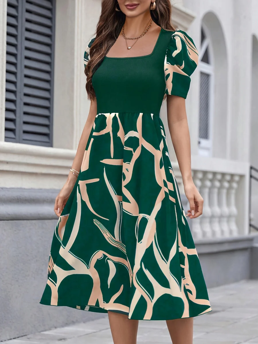 Commuting Knitting Printed Square Collar Puff Sleeve Midi Dresses - Image 7