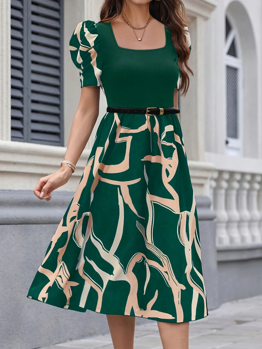 Commuting Knitting Printed Square Collar Puff Sleeve Midi Dresses - Image 8