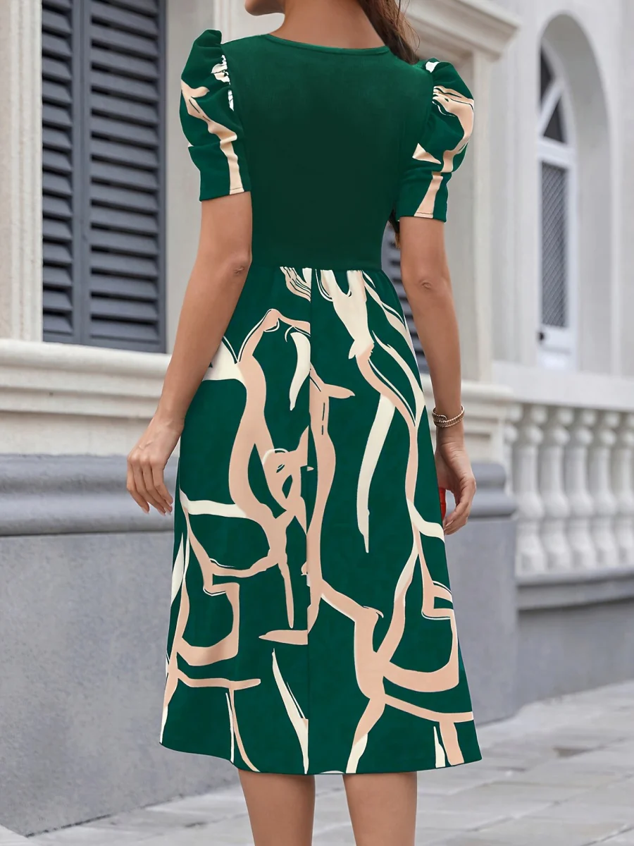 Commuting Knitting Printed Square Collar Puff Sleeve Midi Dresses - Image 9