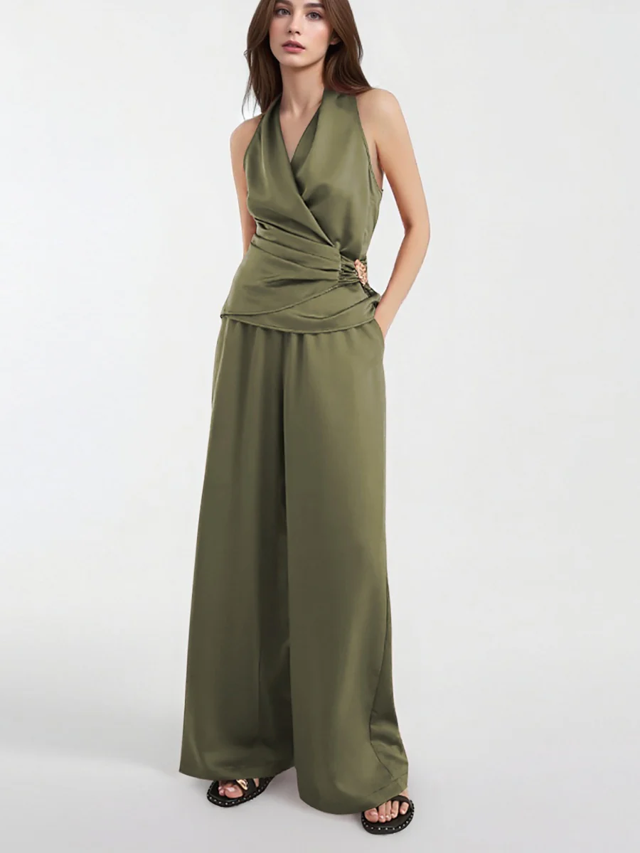 Halter Wrap Loose-fit Wide Leg Pants Jacket 2-piece Sets