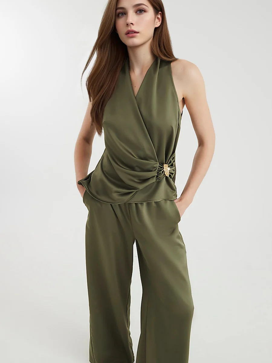 Halter Wrap Loose-fit Wide Leg Pants Jacket 2-piece Sets - Image 2