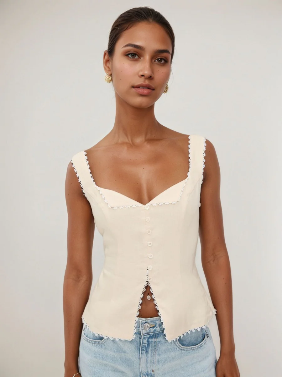 Retro Cotton And Linen Lace Patchwork Button Tank Tops