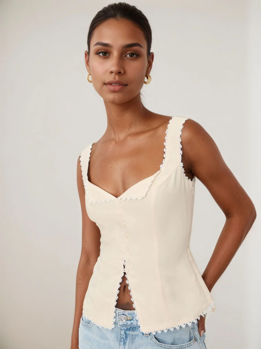 Retro Cotton And Linen Lace Patchwork Button Tank Tops - Image 2