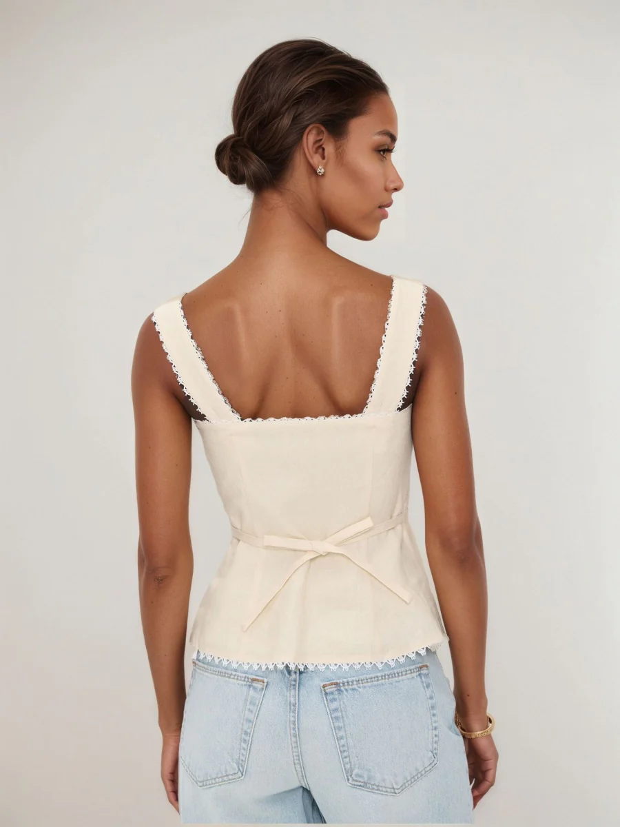 Retro Cotton And Linen Lace Patchwork Button Tank Tops - Image 3