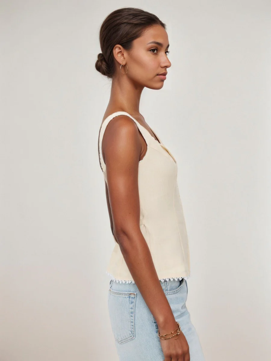 Retro Cotton And Linen Lace Patchwork Button Tank Tops - Image 4