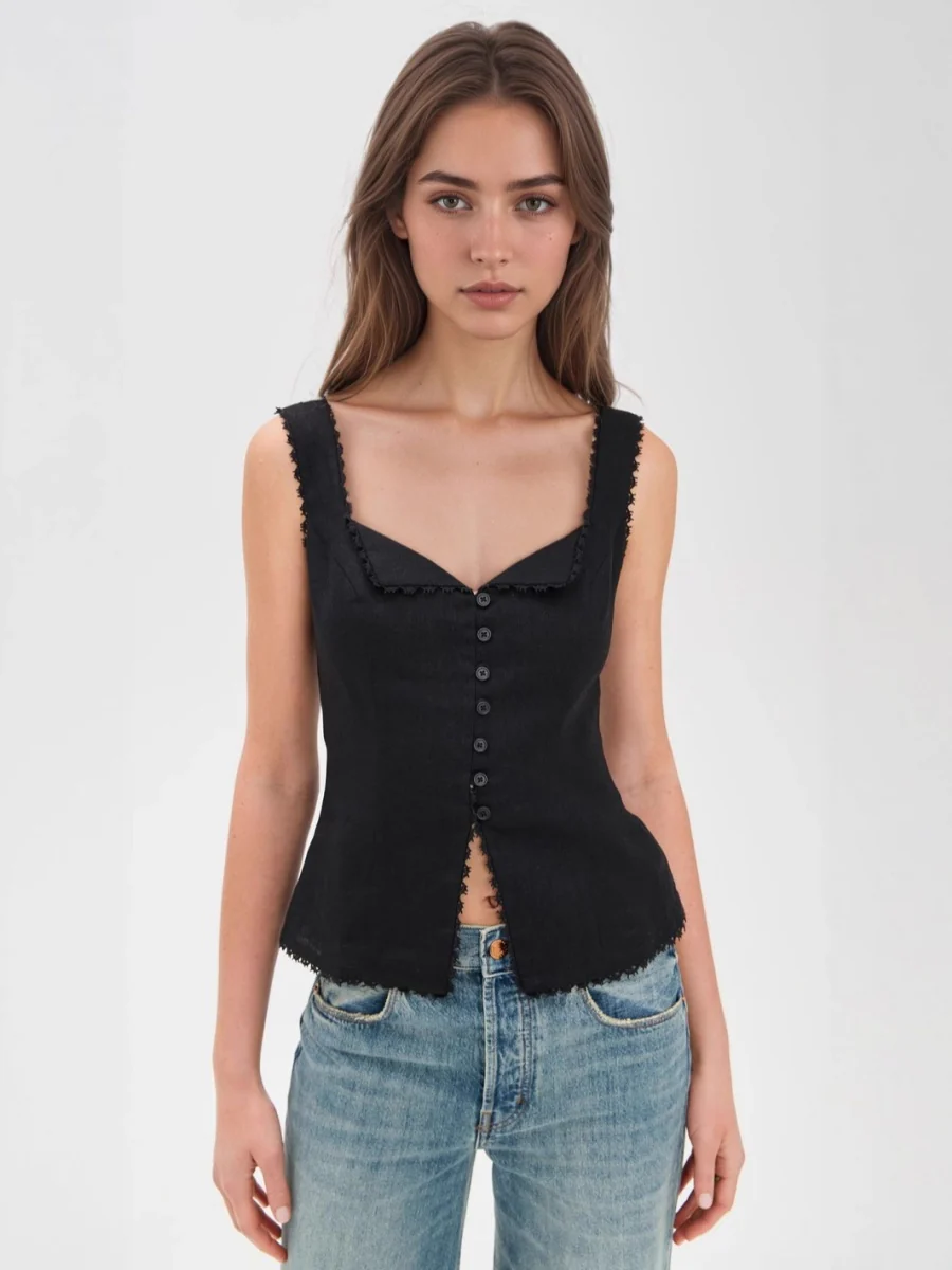 Retro Cotton And Linen Lace Patchwork Button Tank Tops - Image 6