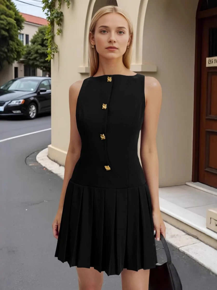 Hem Crimp Sleeveless Buttons Commuting Mini&Short Dresses - Image 2