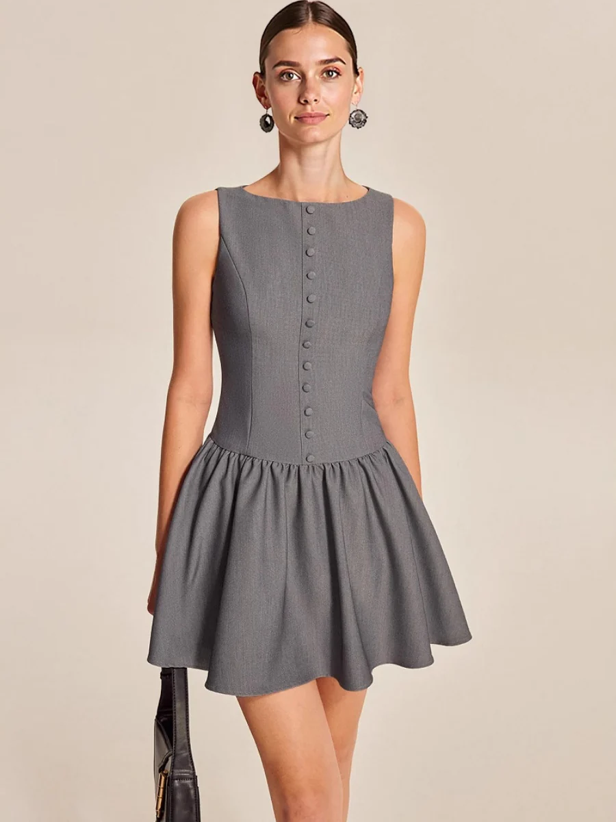 Sleeveless Buttons A-line Skirt Ruffle Mini&Short Dresses