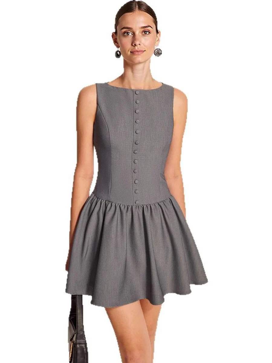 Sleeveless Buttons A-line Skirt Ruffle Mini&Short Dresses - Image 3