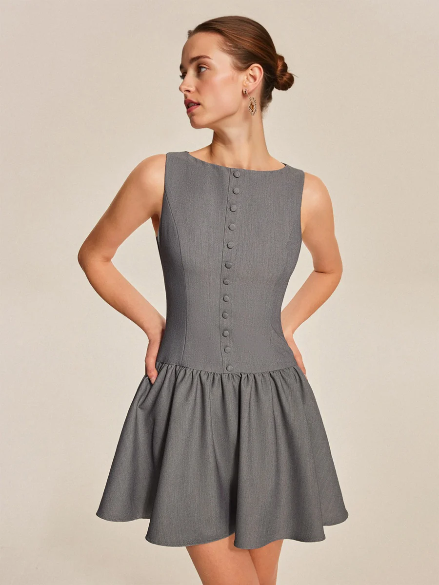 Sleeveless Buttons A-line Skirt Ruffle Mini&Short Dresses - Image 4