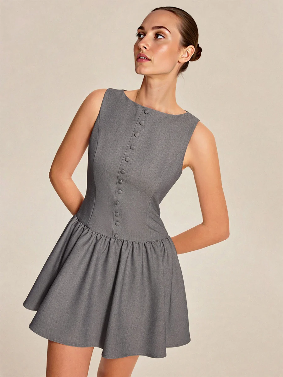 Sleeveless Buttons A-line Skirt Ruffle Mini&Short Dresses - Image 5