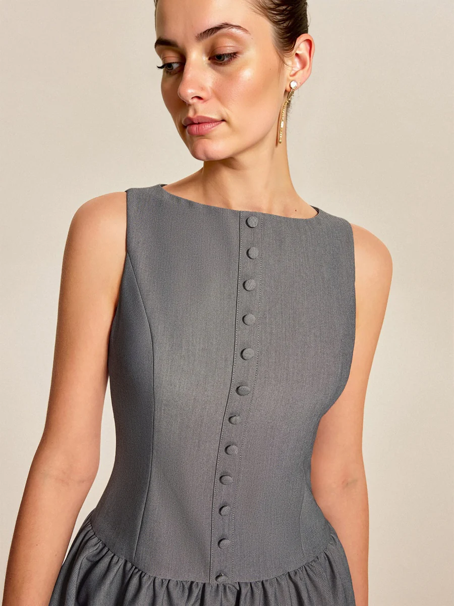 Sleeveless Buttons A-line Skirt Ruffle Mini&Short Dresses - Image 6