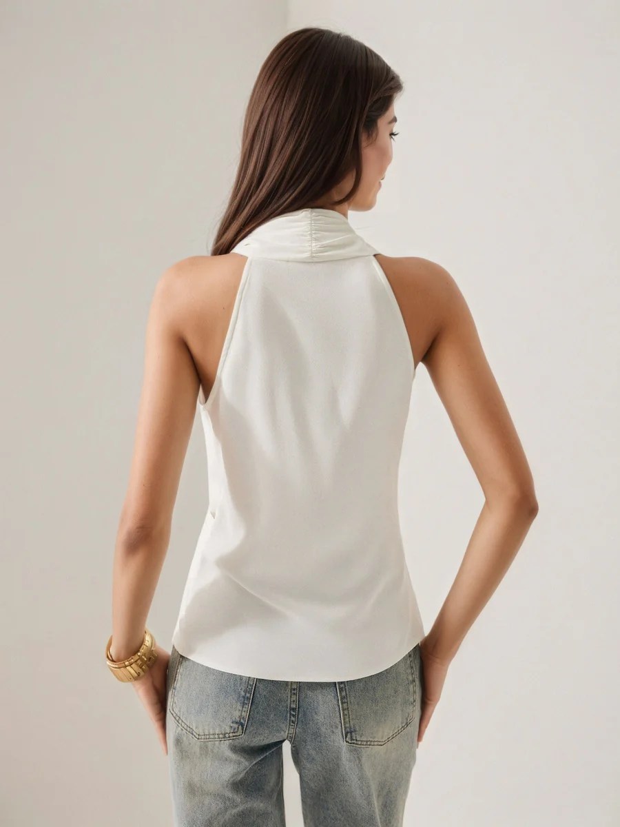 Satin V-neck Lace Up Sleeveless Shirts Tank Tops - Image 5