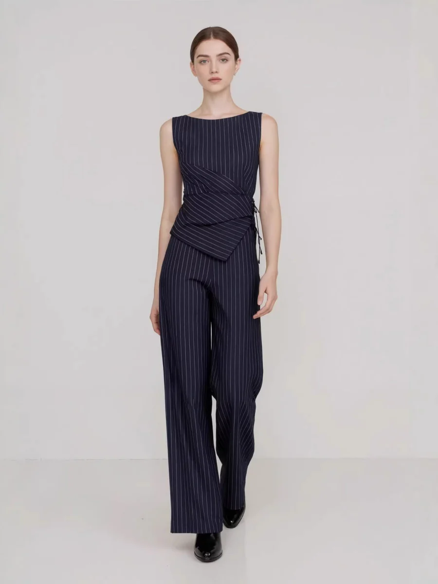 Profession Stripes Sleeveless Asymmetrical Jacket Straight-leg Trousers 2-piece Sets