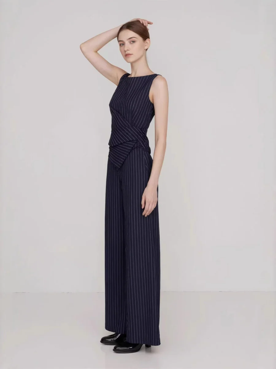 Profession Stripes Sleeveless Asymmetrical Jacket Straight-leg Trousers 2-piece Sets - Image 2