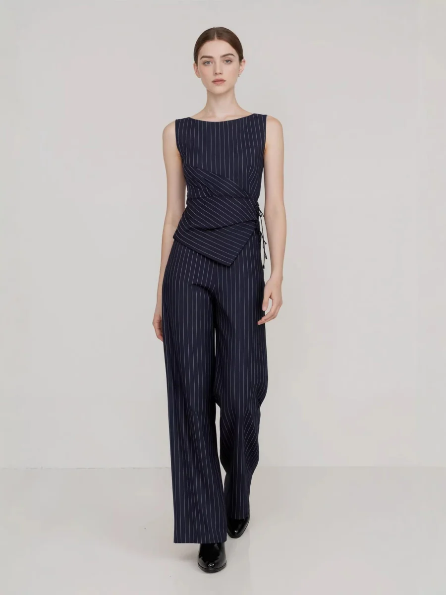Profession Stripes Sleeveless Asymmetrical Jacket Straight-leg Trousers 2-piece Sets - Image 3