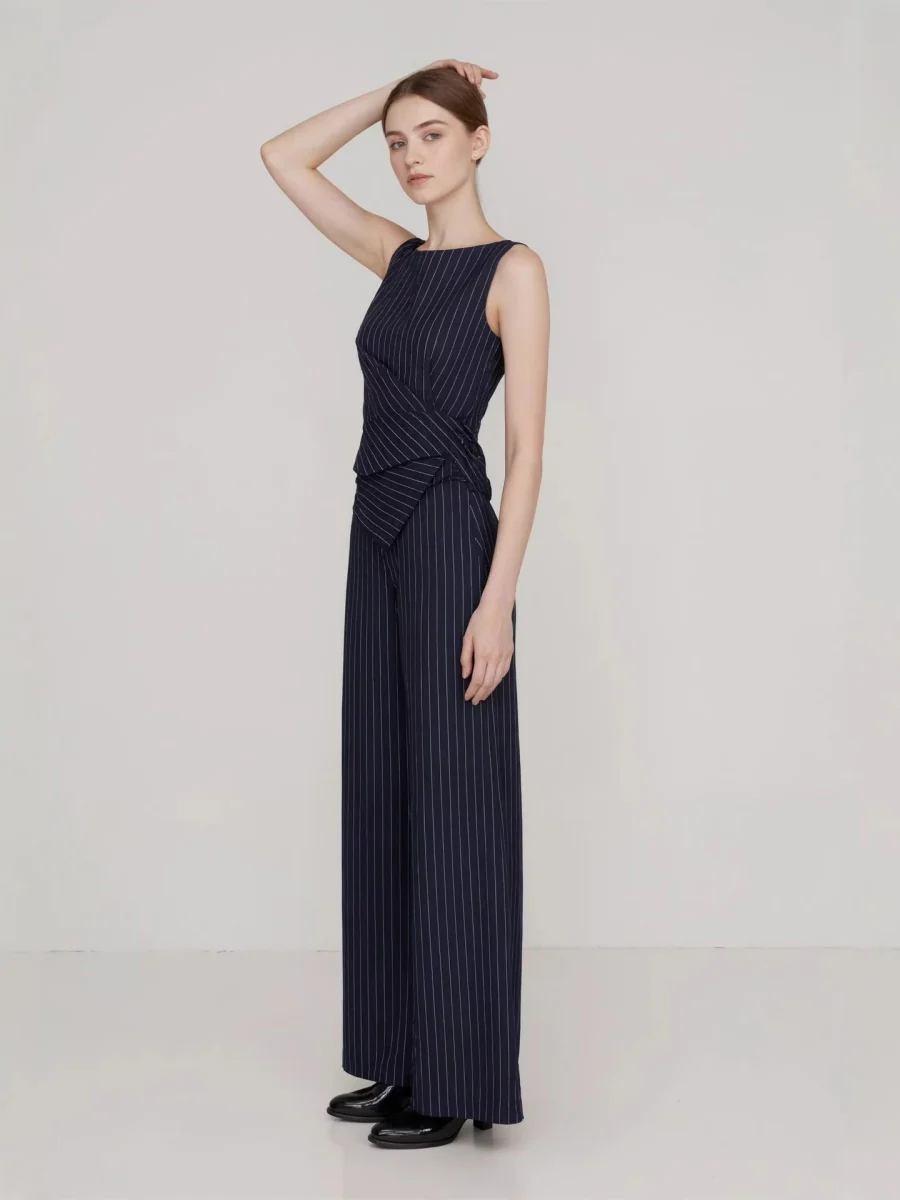 Profession Stripes Sleeveless Asymmetrical Jacket Straight-leg Trousers 2-piece Sets - Image 4