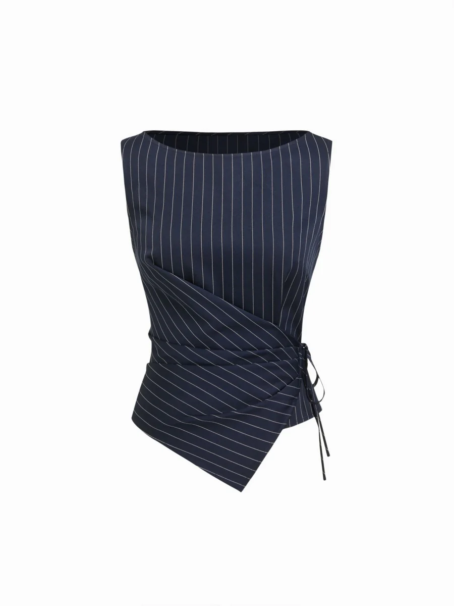 Profession Stripes Sleeveless Asymmetrical Jacket Straight-leg Trousers 2-piece Sets - Image 5