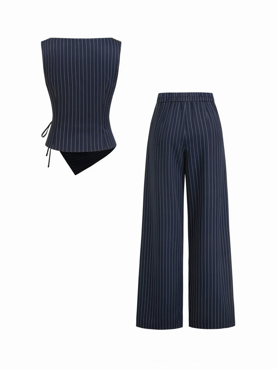 Profession Stripes Sleeveless Asymmetrical Jacket Straight-leg Trousers 2-piece Sets - Image 9