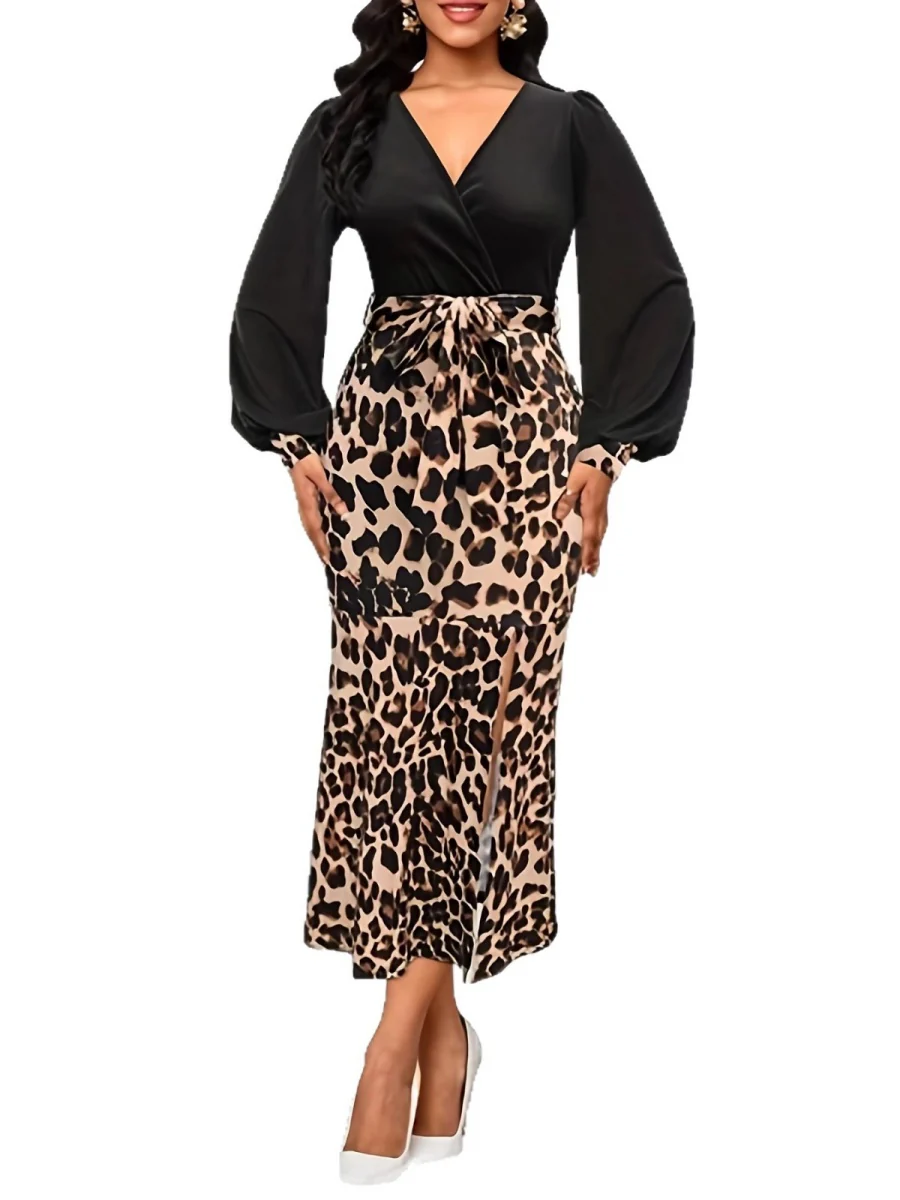 Leopard Print High Slit Fishtail Commuting Midi Dresses - Image 3
