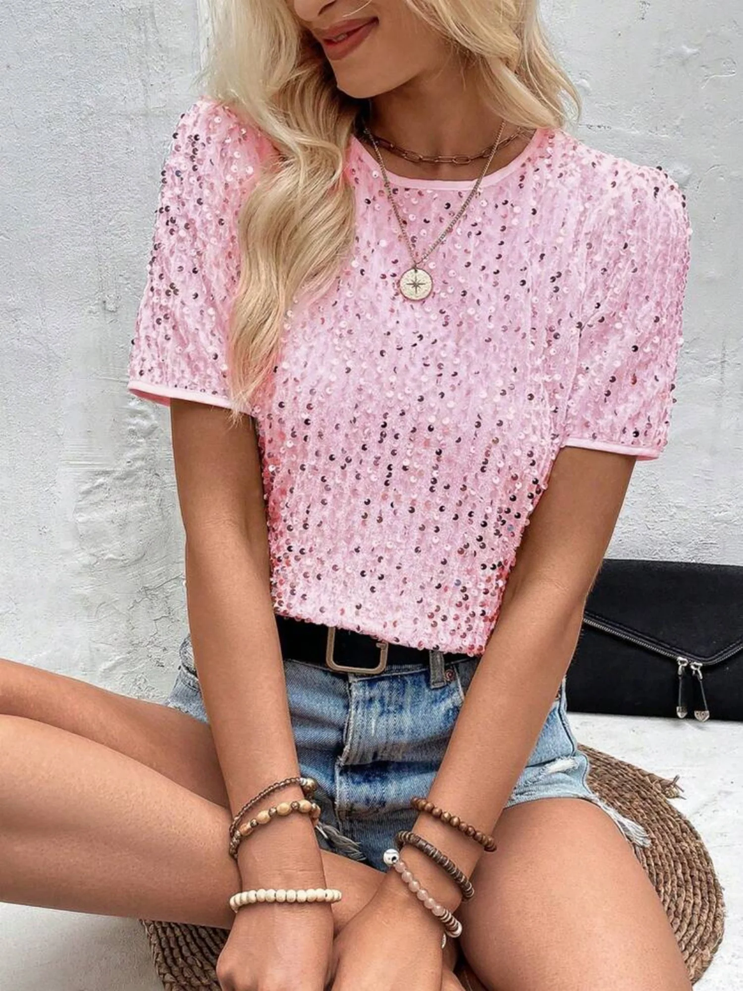 Sequins Crew Neck Short Sleeve T-shirt - Image 11